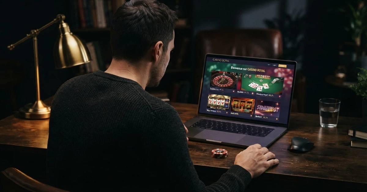 Un joueur consultant une table de blackjack et une machine à sous sur un écran, avec des pourcentages de RTP affichés en surimpression
