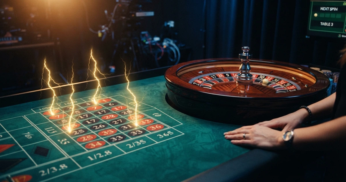 Plateau de Lightning Roulette en direct avec croupier, numéros Lightning brillants affichés à l'écran, studio sombre aux éclairs dorés