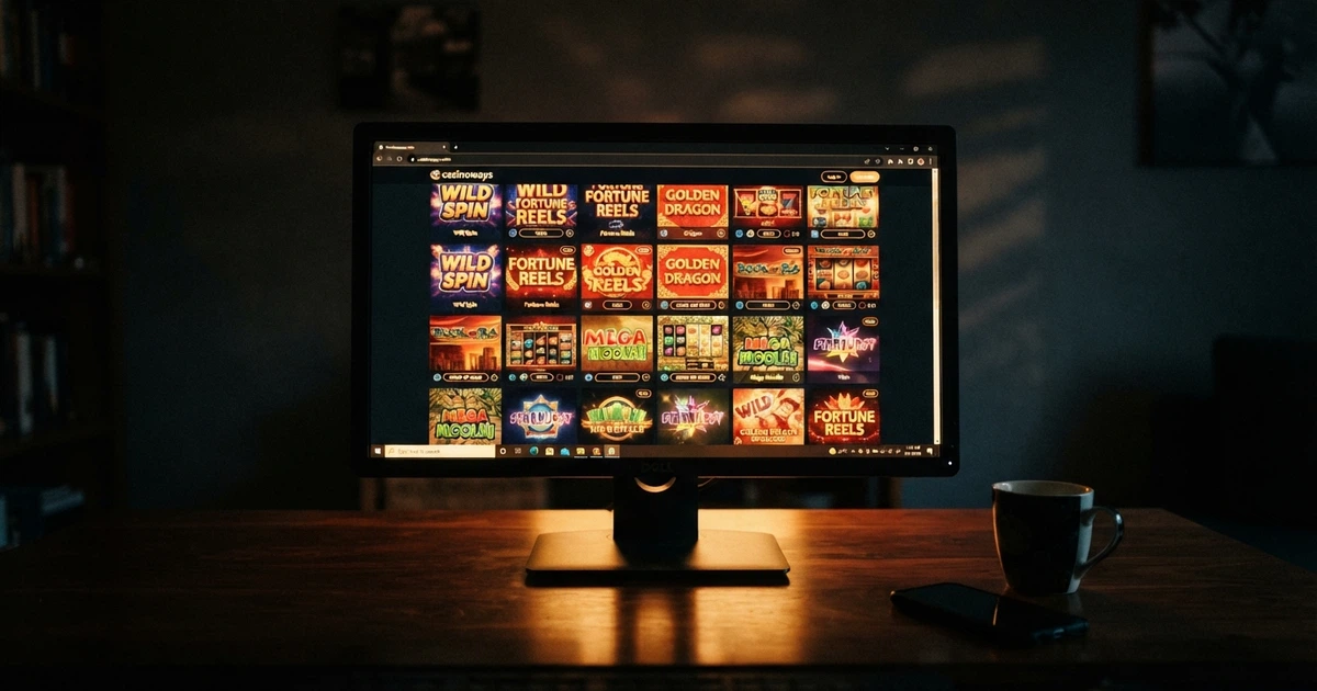 Interface d'un casino en ligne affichant une grille de machines à sous, écran d'ordinateur posé sur un bureau, lumière tambrée