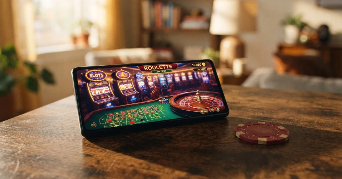 Un smartphone affichant la page d'accueil d'un casino en ligne, posé à côté d'une carte d'identité française