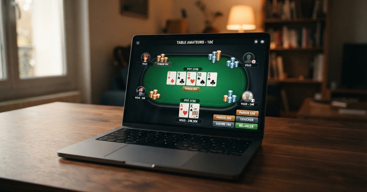 Une table de poker de casino en ligne affichée sur un écran, avec des cartes et des jetons visibles à l'écran, interface de salle de poker en français