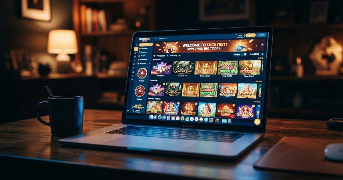 Écran d'ordinateur affichant l'interface d'un casino en ligne avec une grille de machines à sous colorées, une roulette en encart et un bandeau promotionnel de bienvenue