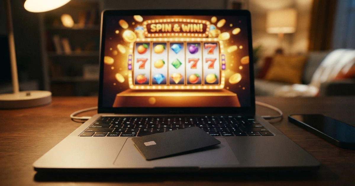 Une carte American Express posée sur un clavier, un écran d'ordinateur affichant l'interface d'un casino en ligne en arrière-plan