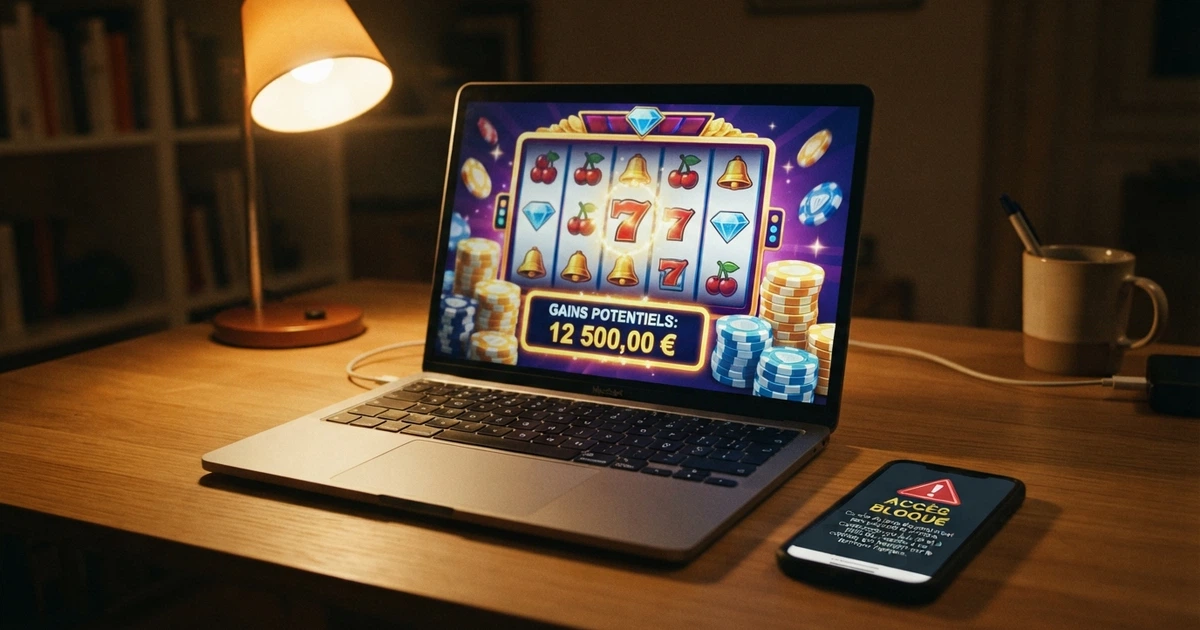 Écran partagé entre une interface de casino bitcoin affichant des slots colorées et un téléphone affichant le site de l'ANJ, symbolisant la tension entre offre accessible et interdiction légale.