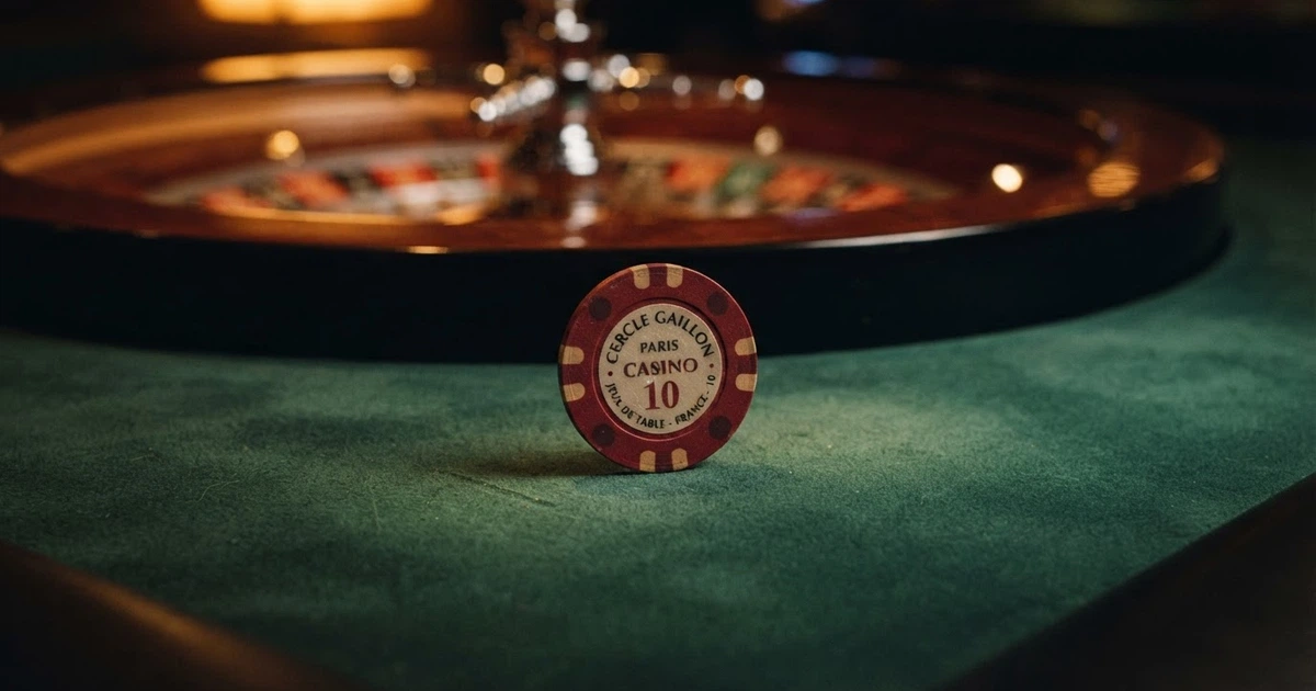 Pièce Dogecoin (DOGE) posée sur une table de jeu de casino