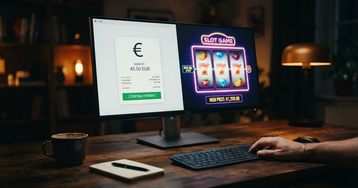 Interface de paiement en ligne affichant le logo ecopayz à côté de machines à sous sur un écran d'ordinateur