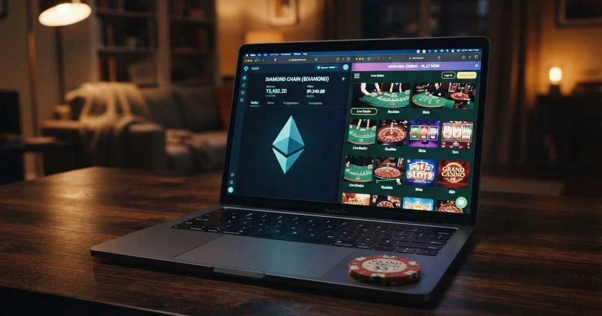 Un portefeuille de crypto-monnaie Ethereum affiché sur l'écran d'un ordinateur portable, à côté d'une interface de casino en ligne ouverte sur une table de blackjack
