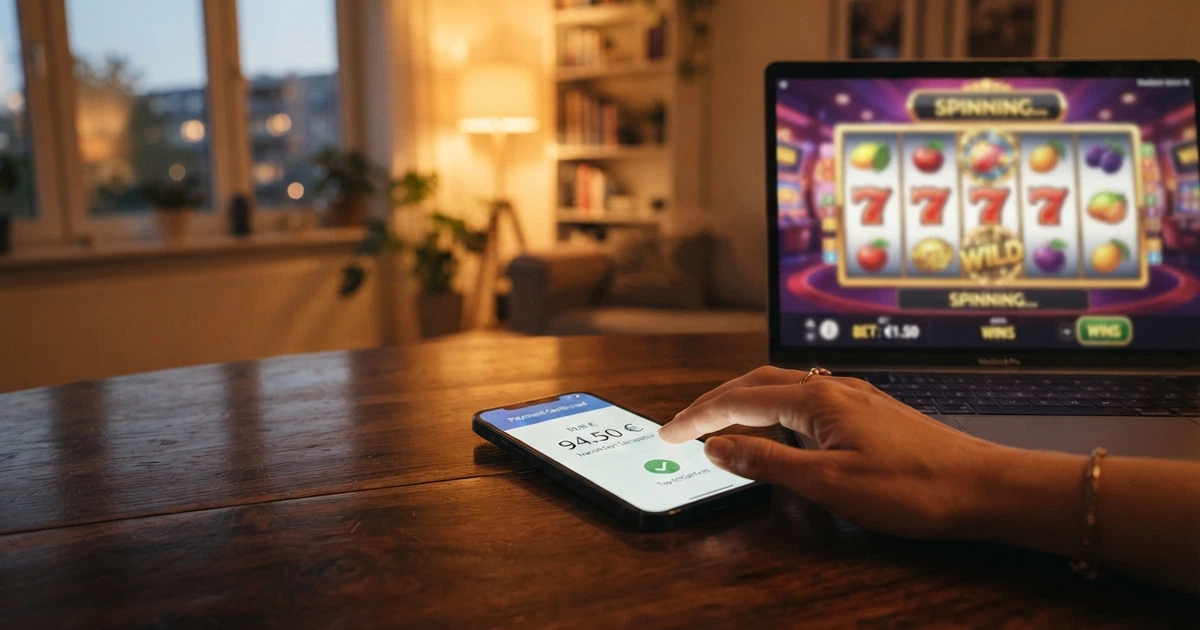 Un smartphone affichant l'interface de paiement Google Pay à côté d'un écran de casino en ligne
