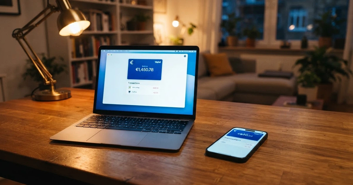 Interface d'un portefeuille électronique Jeton Wallet affichée sur l'écran d'un ordinateur portable et d'un smartphone côte à côte
