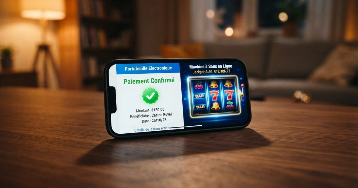 Capture d'écran d'un téléphone affichant l'application MuchBetter à côté de l'interface d'un casino en ligne, illustrant le dépôt par e-wallet