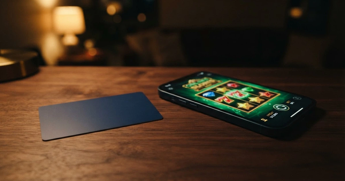 Une carte bancaire N26 posée à côté d'un écran de smartphone affichant une interface de casino en ligne, sur fond sombre
