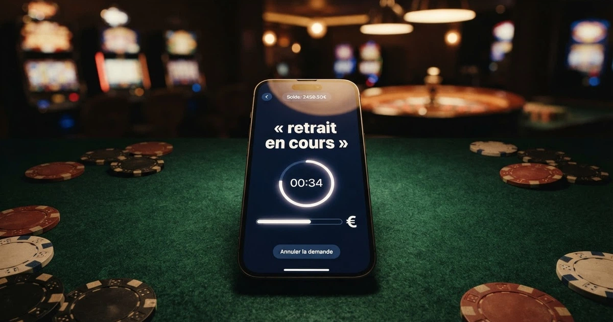 Un écran de smartphone affichant une interface de paiement de casino en ligne avec un chronomètre et la mention « retrait en cours », sur fond de jeux de casino floutés.
