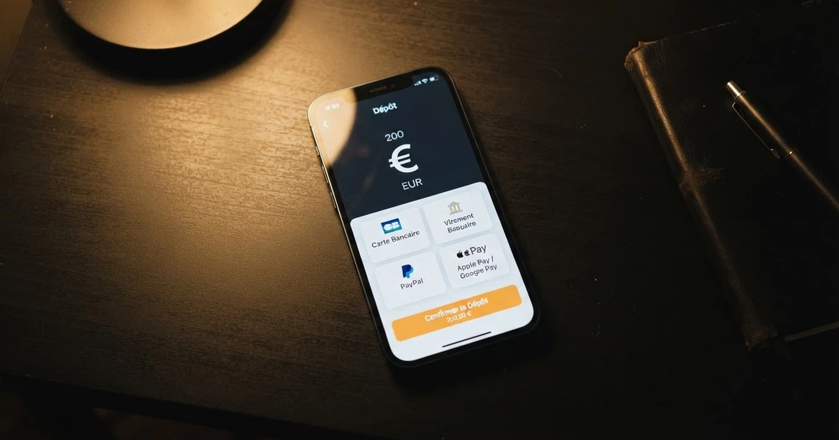 Un écran de smartphone affichant la page de paiement d'un casino en ligne avec le logo PayPal parmi les options, sur fond sombre