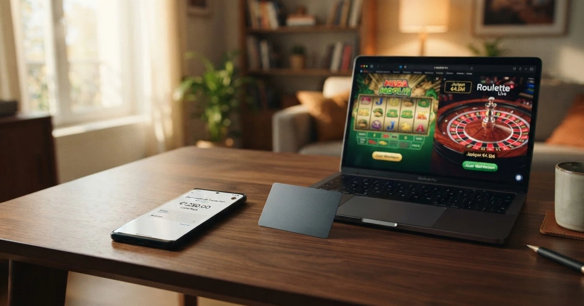Capture d'écran d'un téléphone affichant l'interface Revolut à côté d'un écran de casino en ligne, une carte bancaire posée sur la table