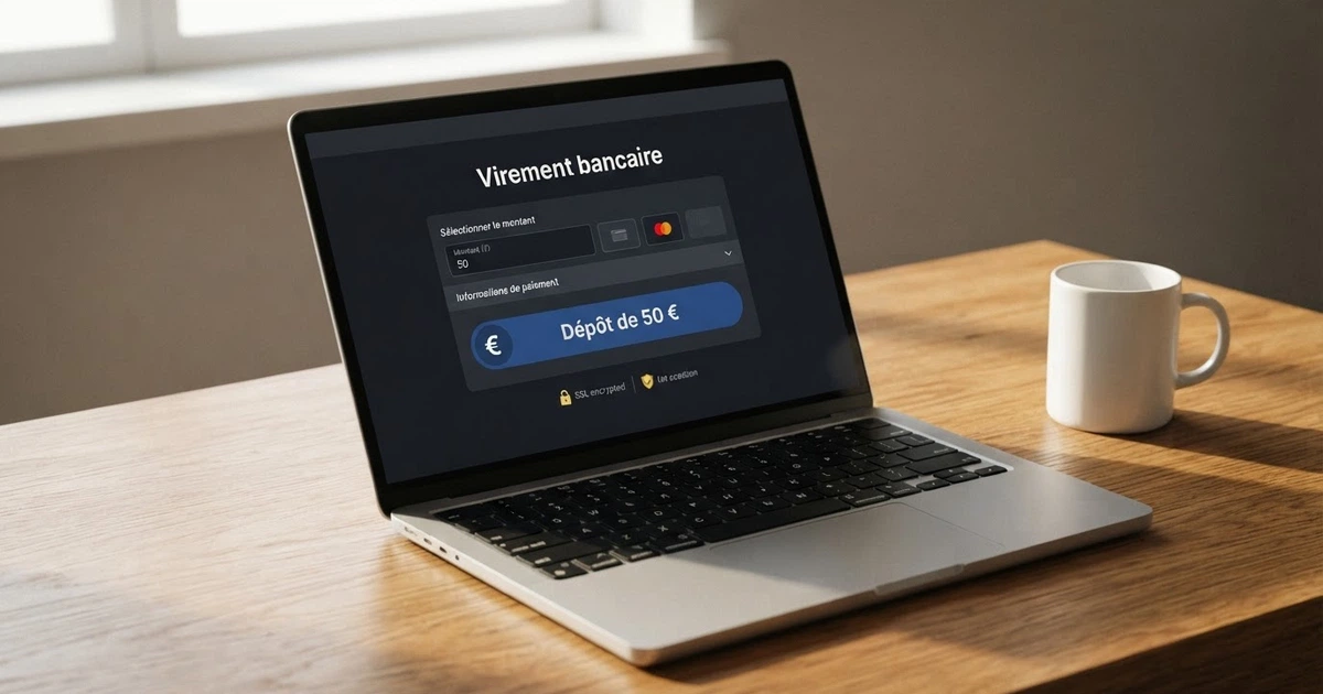 Interface de dépôt d'un casino en ligne affichant l'option de paiement par virement SEPA sur un écran d'ordinateur portable