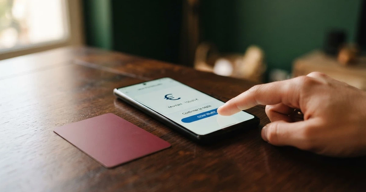 Interface de l'application Skrill affichant un écran de dépôt vers un casino en ligne, sur fond de carte bancaire.