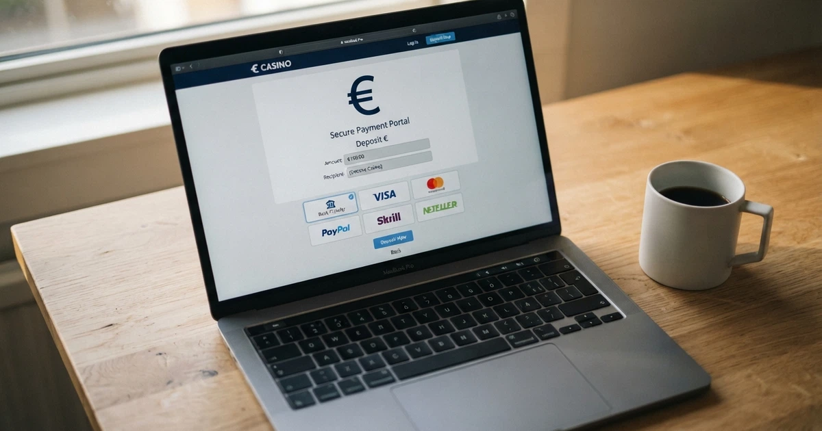 Interface de dépôt d'un casino en ligne affichant le logo Sofort parmi les options de paiement, avec un formulaire de virement bancaire pré-rempli à l'écran.