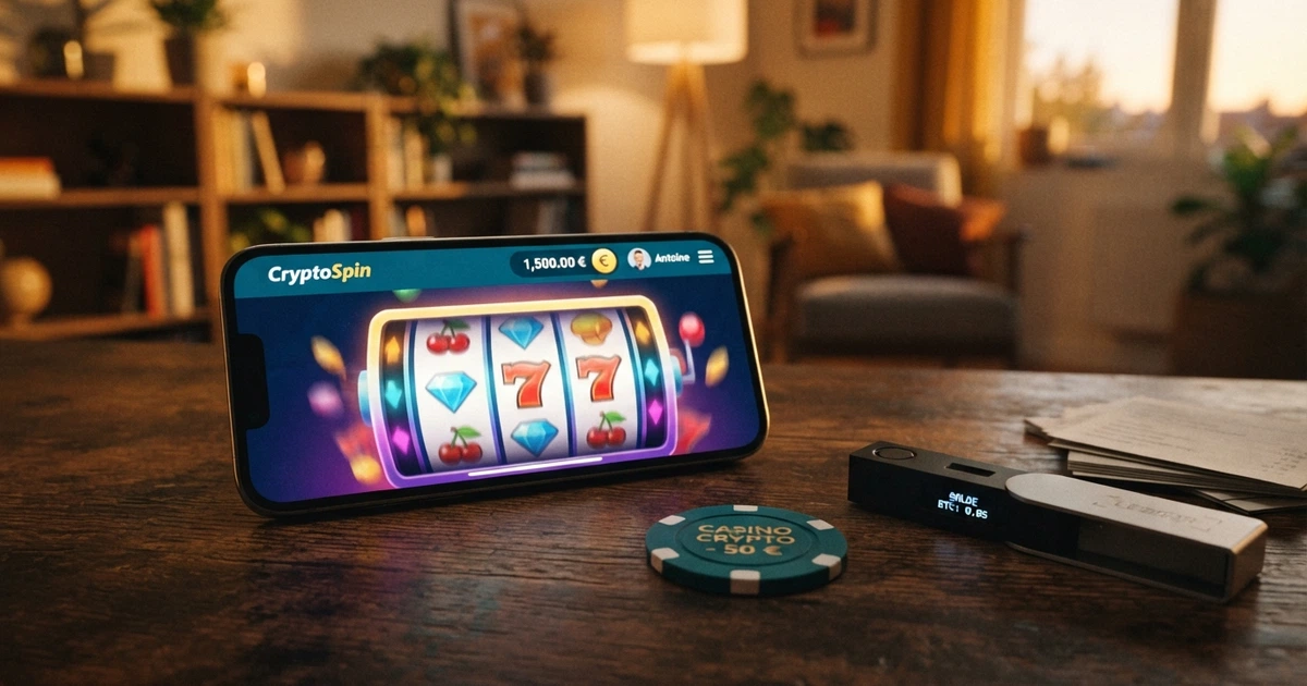 Un téléphone affichant l'interface d'un casino en ligne avec le logo USDT, posé à côté de pièces physiques de monnaie et d'un portefeuille crypto ouvert sur un ordinateur portable en arrière-plan