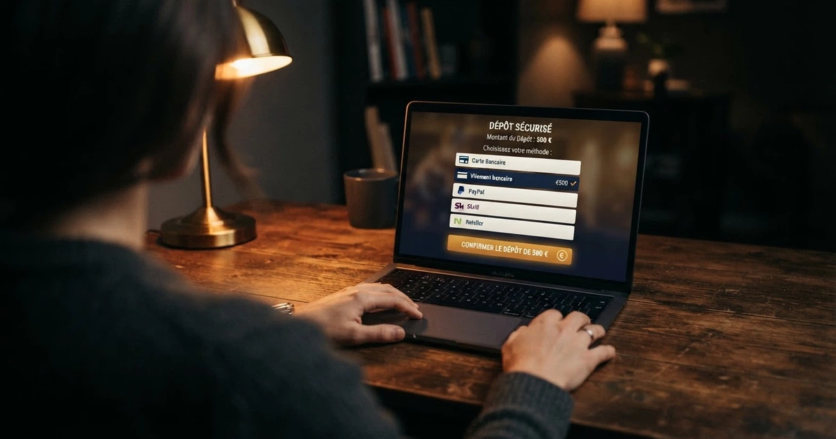 Interface de dépôt d’un casino en ligne affichant l’option virement bancaire parmi les méthodes de paiement proposées