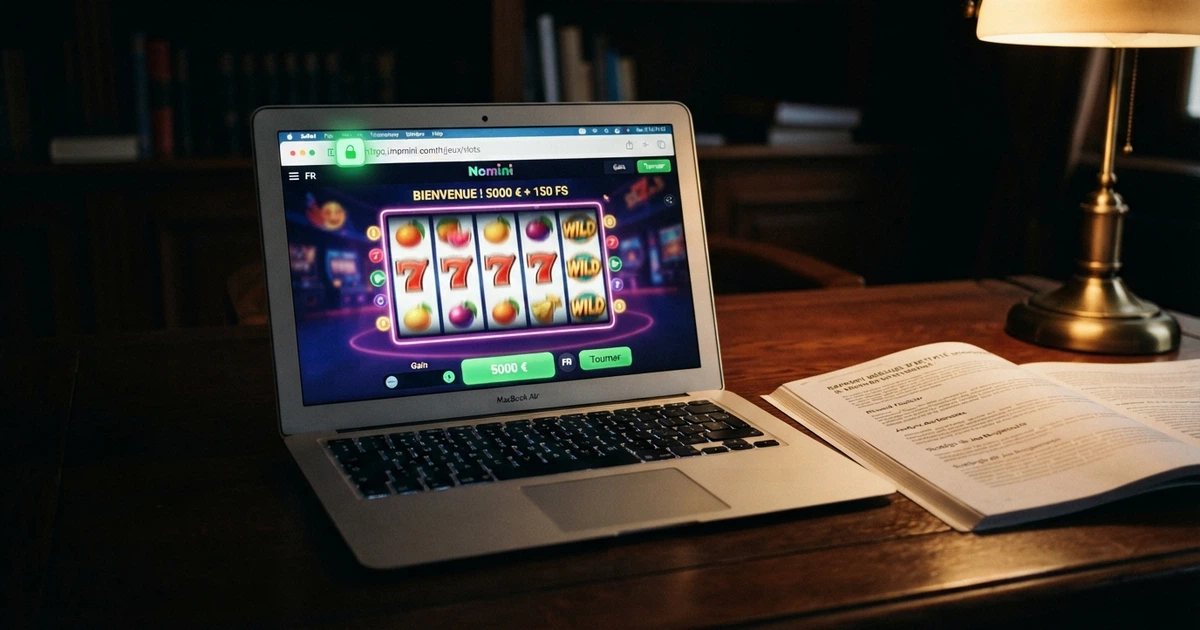 Un écran affichant l'interface d'un casino en ligne avec le cadenas TLS visible dans la barre d'adresse et une page de conditions générales en français ouverte en surimpression.