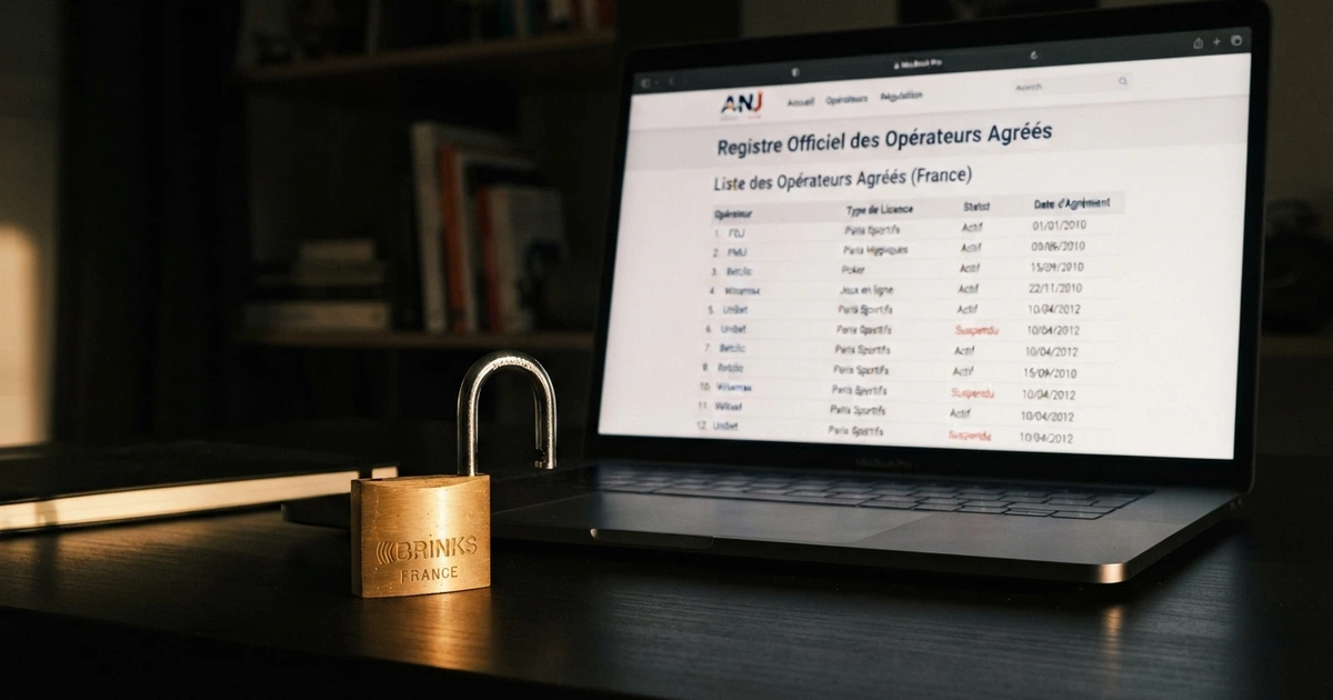 Un écran affichant la page d'accueil du registre des opérateurs agréés de l'ANJ, posé sur un fond sombre avec un cadenas ouvert en surimpression.