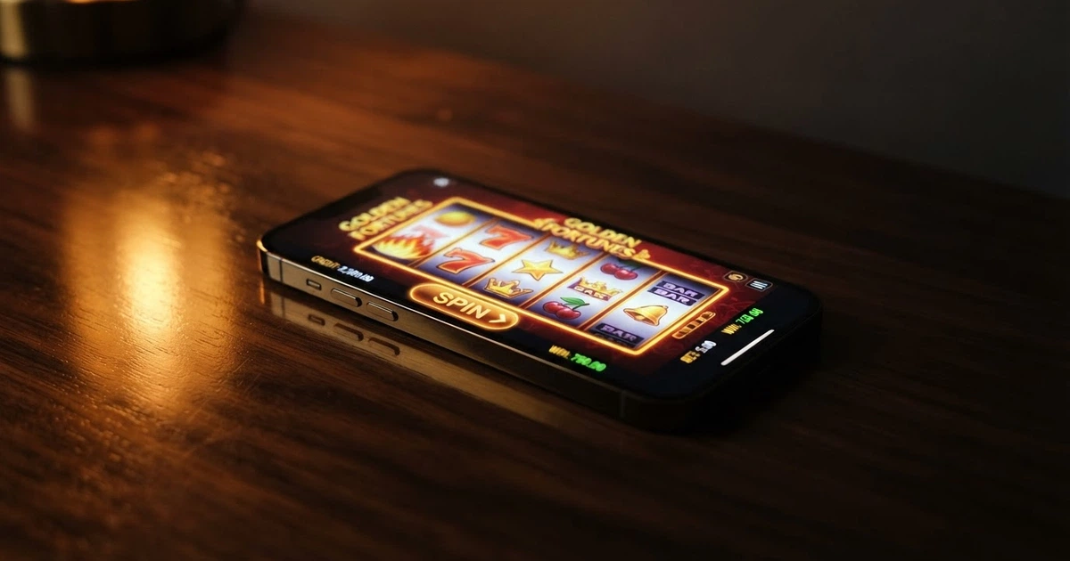 Smartphone affichant l'interface d'un casino en ligne optimisé pour mobile, jeux de casino visibles à l'écran, fond sombre