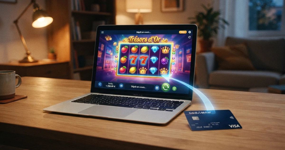 Un écran d'ordinateur affichant l'interface d'un casino en ligne, une carte bancaire posée à côté et une flèche symbolisant un transfert bancaire sécurisé