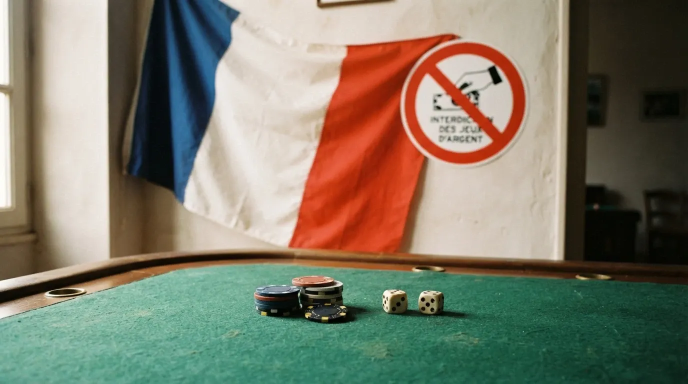 Un drapeau français juxtaposé à des symboles de machines à sous et de jetons barrés d'un panneau d'interdiction.
