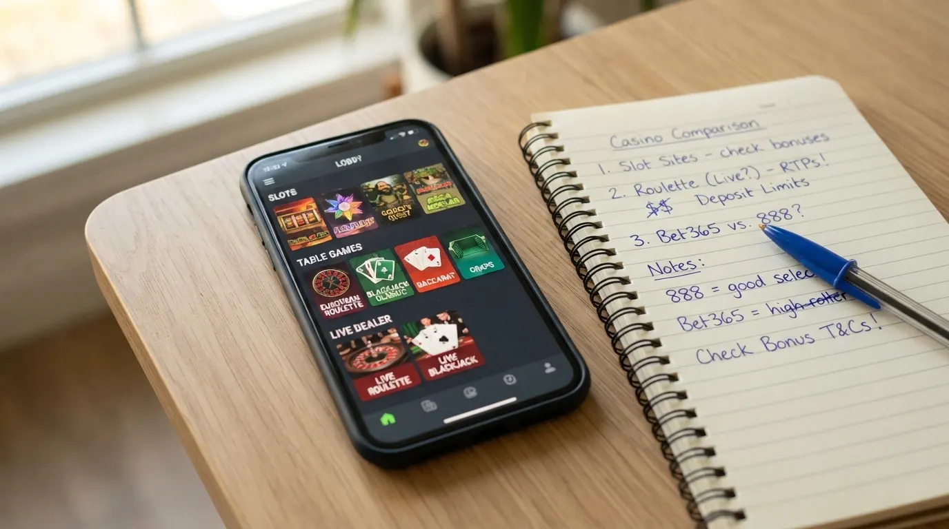 Grille de comparaison de casinos pour iPhone affichée sur un écran de smartphone, avec des lignes d'opérateurs et des colonnes de critères