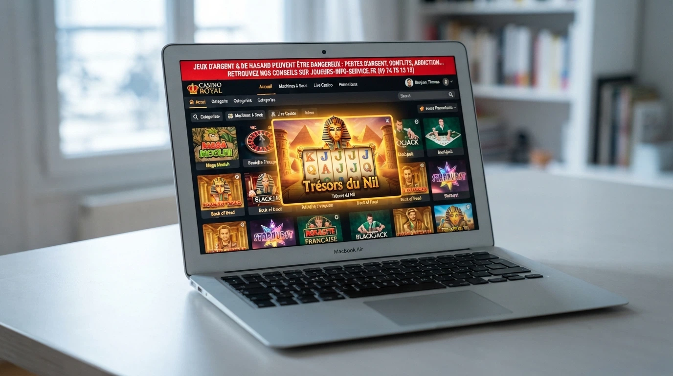 Interface d'accueil d'un casino offshore affichant Book of Ra dans sa ludothèque, avec un bandeau superposé indiquant l'absence d'agrément ANJ
