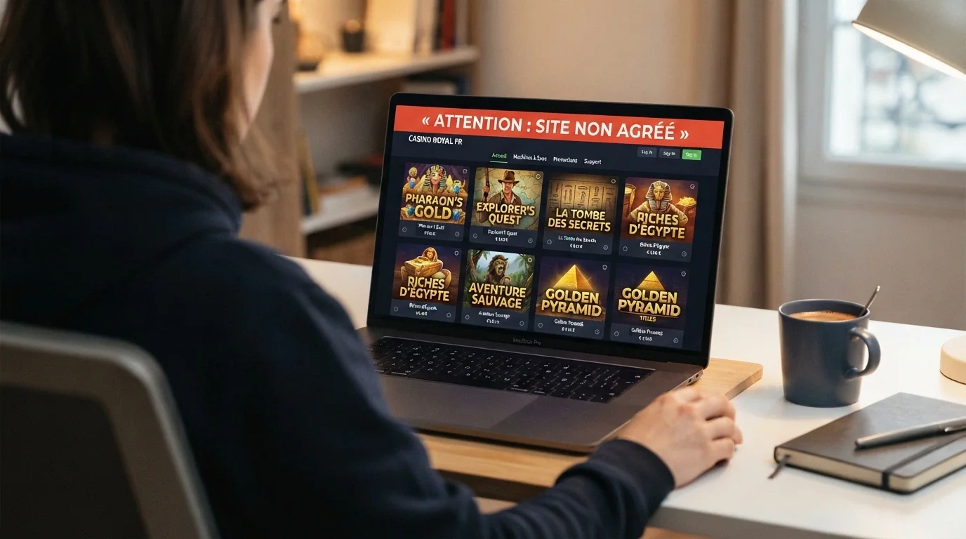 Interface d'un casino en ligne affichant une licence Curaçao et des machines à sous, avec un bandeau d'avertissement