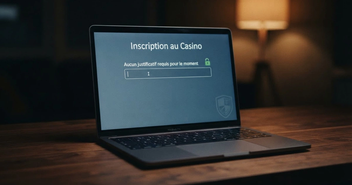 Un écran d'ordinateur affichant la page d'inscription d'un casino en ligne, avec un champ vide à côté du texte « Aucun justificatif requis pour le moment », un verrou ouvert en surimpression et le logo de l'ANJ en filigrane dans le coin