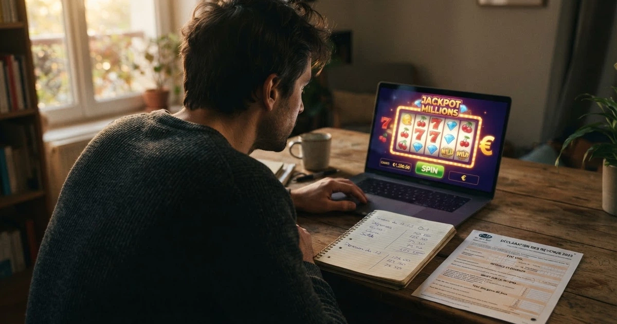 Un joueur français consultant la page fiscale d'un casino en ligne sur son écran, avec une calculatrice et un formulaire fiscal à côté