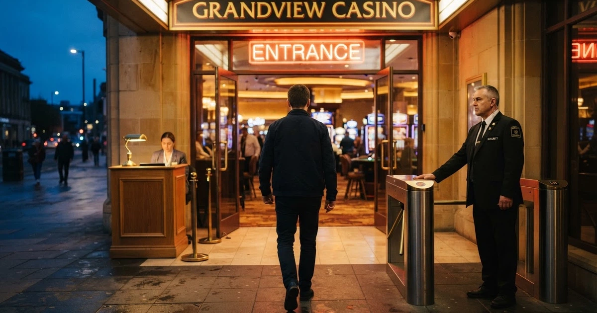 Un agent de sécurité contrôlant une pièce d'identité à l'entrée des salles de jeux d'un casino en France.