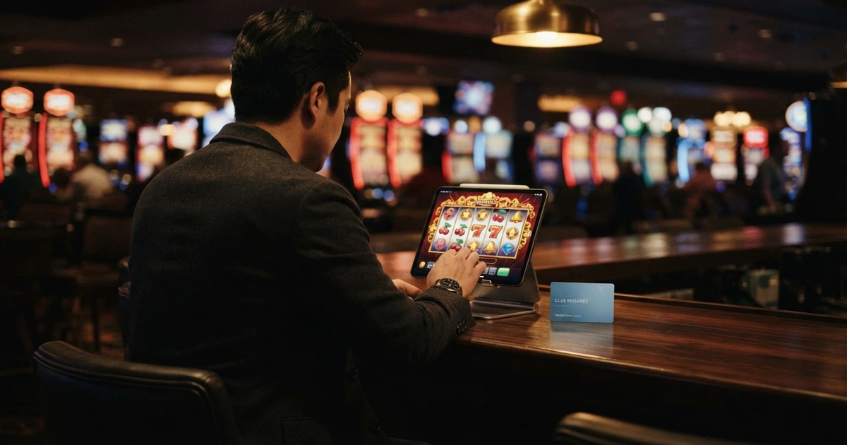 Un joueur consulte son solde de points de fidélité sur l'écran d'un casino, une carte de fidélité posée à côté du clavier