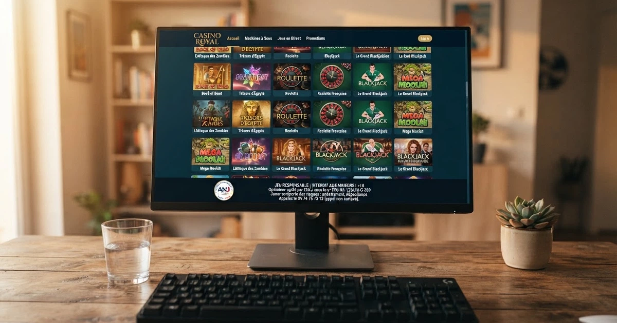 Interface d'un casino en ligne affichant le sceau de la Malta Gaming Authority en pied de page, avec une bibliothèque de jeux en arrière-plan