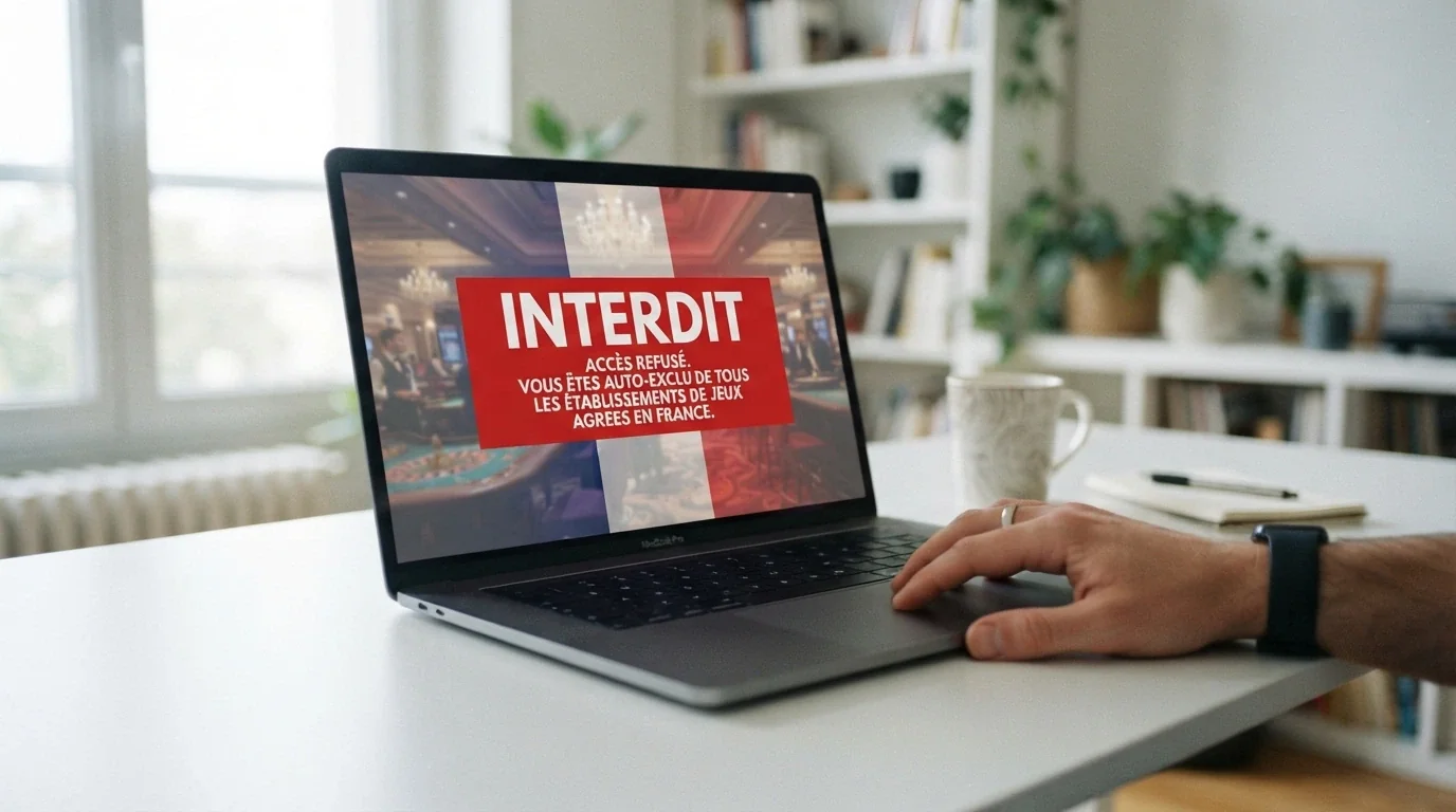 Illustration d'un écran partagé entre le drapeau français et le logo de l'ANJ, avec un message d'avertissement en surimpression
