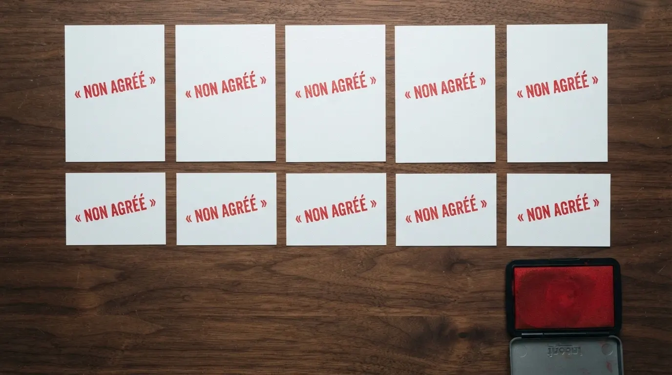 Dix logos de casinos en ligne alignés, chacun marqué d'un tampon rouge « non agréé ANJ »