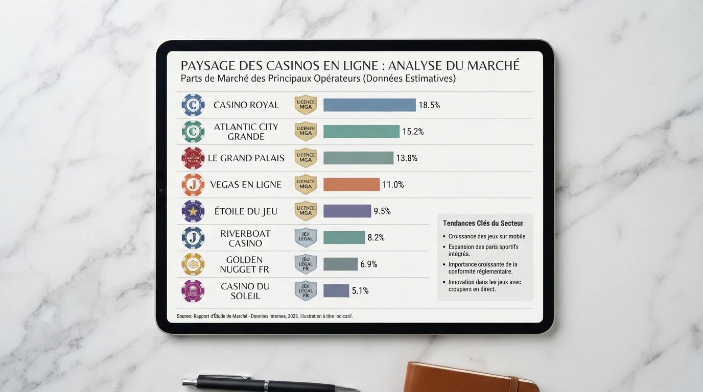 Liste d'opérateurs de casinos en ligne avec leurs licences et notes, présentée sous forme de tableau comparatif