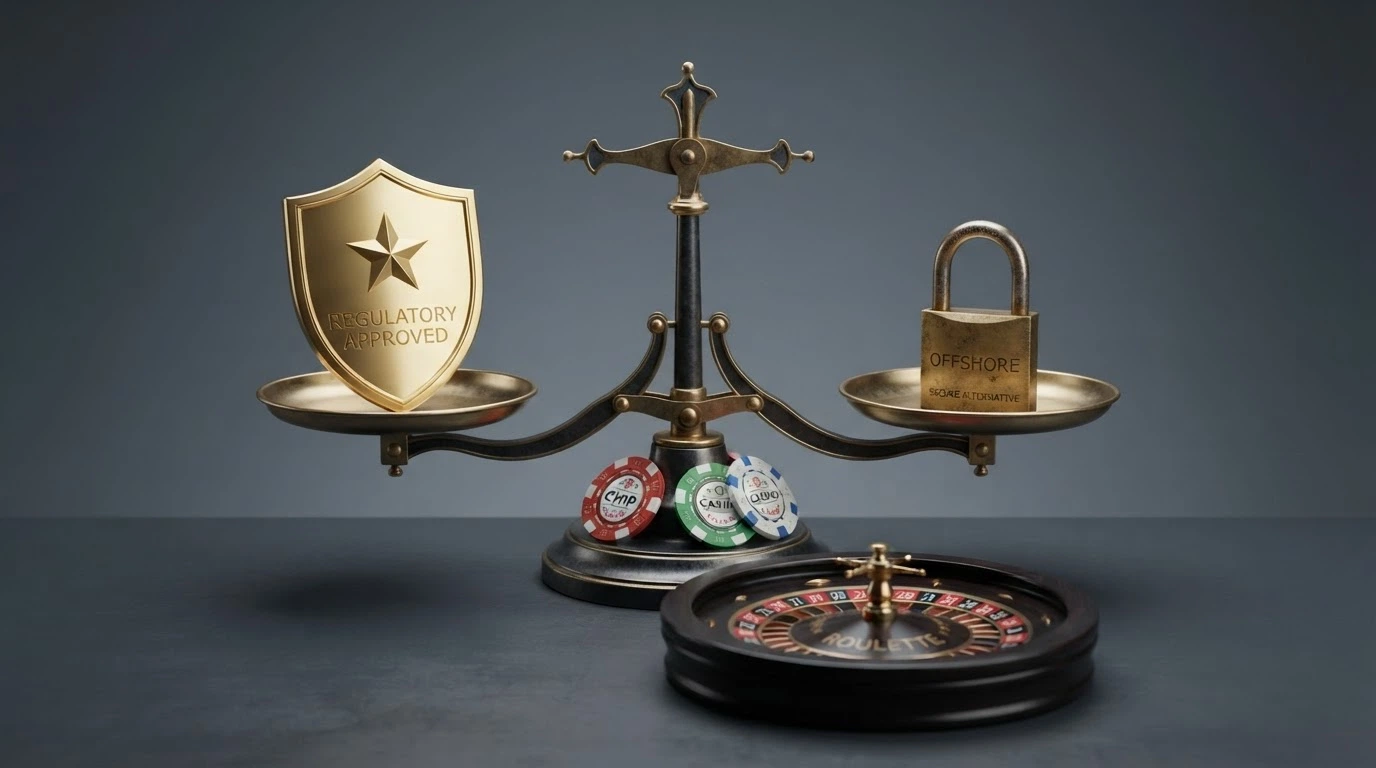 Tableau comparatif schématique montrant les logos de casinos en ligne avec des icônes de statut réglementaire et des symboles de machines à sous