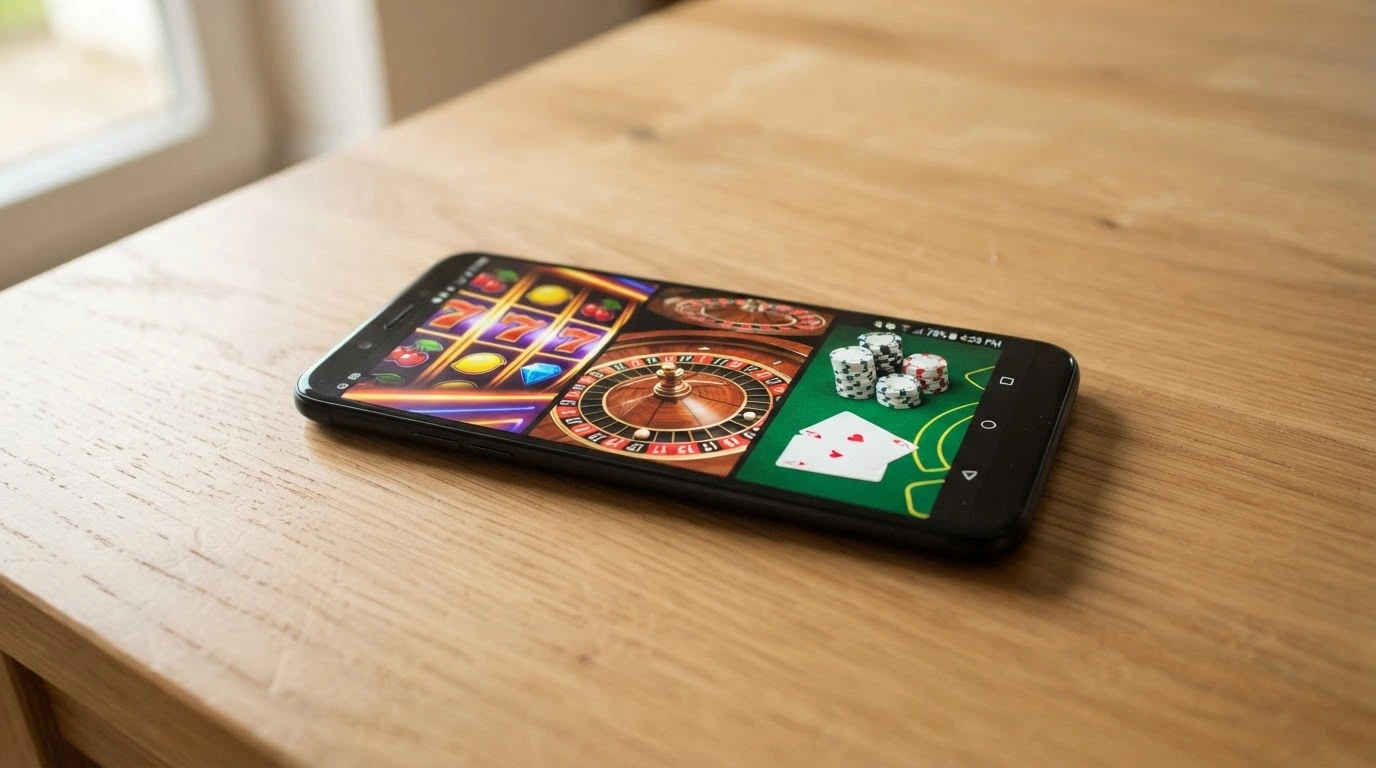 Écran de téléphone affichant une machine à sous colorée, une roulette et une table de blackjack en mosaïque