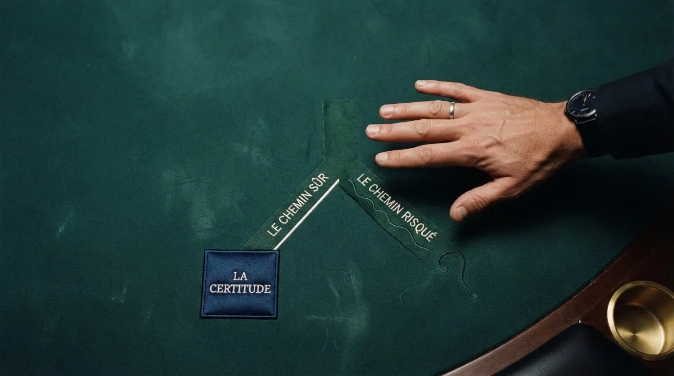 Une main hésitant au-dessus de deux chemins divergents tracés sur une table de jeu : l'un marqué du logo ANJ, l'autre d'un point d'interrogation