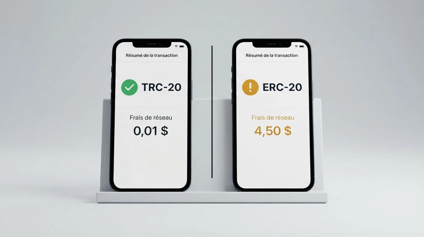 Une capture d'écran partagée entre deux interfaces de portefeuille crypto : à gauche le réseau TRC-20 avec des frais affichés à quelques centimes, à droite le réseau ERC-20 avec des frais plusieurs dizaines de fois supérieurs