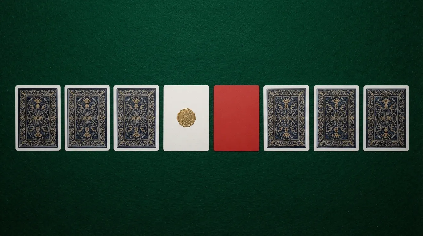 Rangée de dix cartes de casinos retournées, seules deux faces visibles : l'une marquée du logo ANJ, l'autre d'un tampon « offshore »