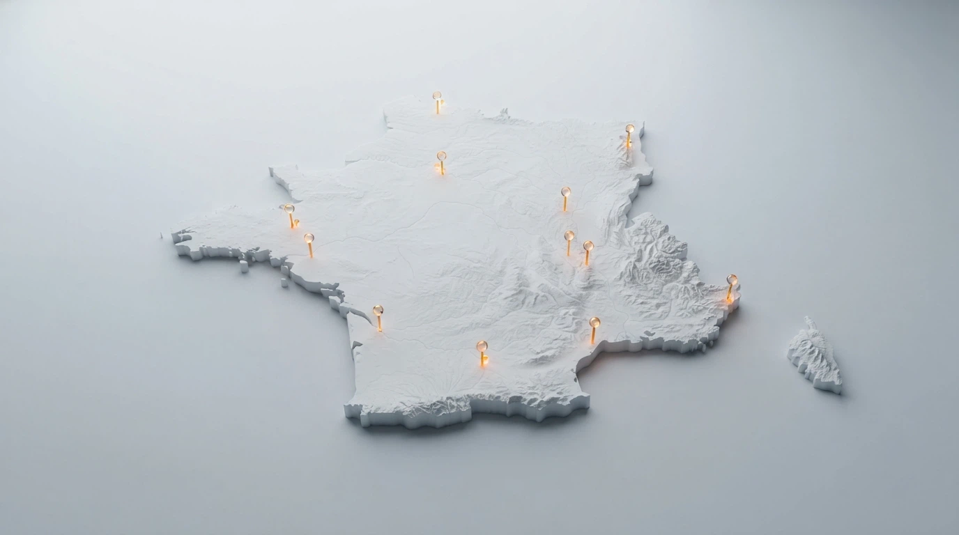 Une carte de France avec des marqueurs symbolisant les casinos offshore accessibles en ligne, sans drapeau français