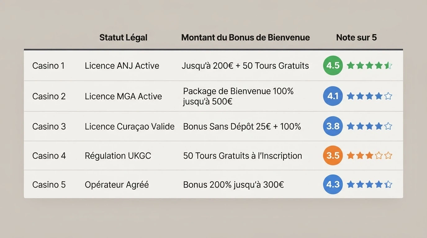 Tableau comparatif de dix casinos en ligne avec leurs colonnes de bonus, de licence et de note