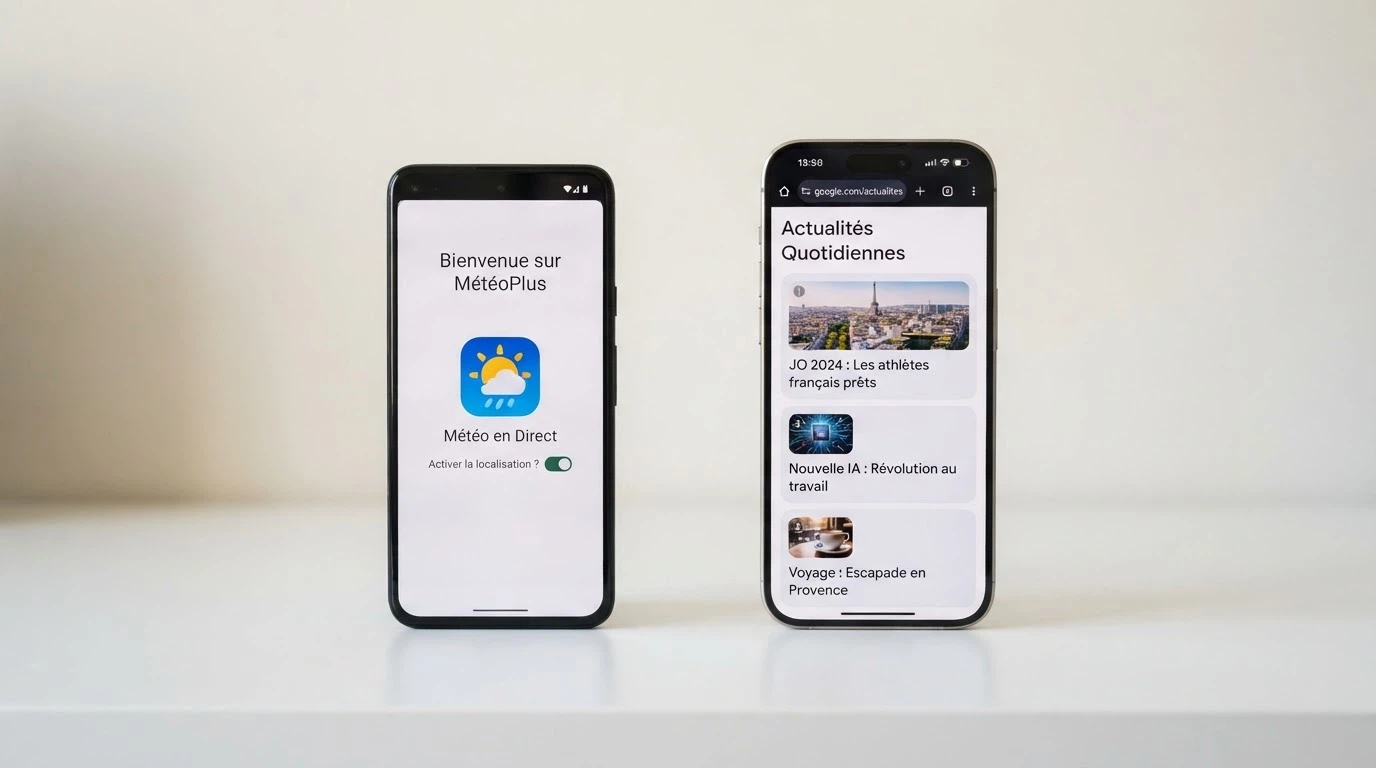 Deux téléphones côte à côte : l'un affiche une appli native avec son icône, l'autre un site mobile dans un navigateur, illustrant la différence d'expérience