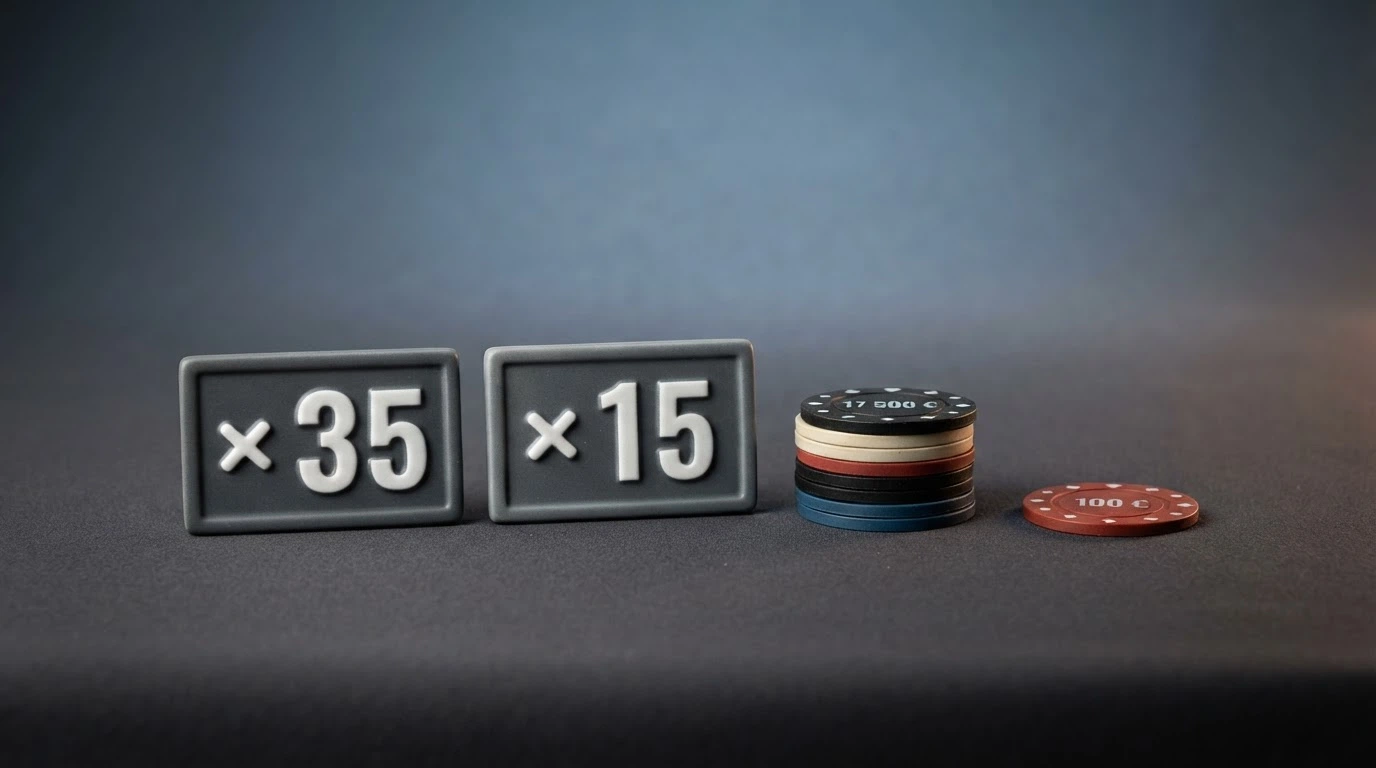 Trois offres de bonus de casino côte à côte sur un fond sombre, affichant des pourcentages, des montants en euros et des multiplicateurs de mise