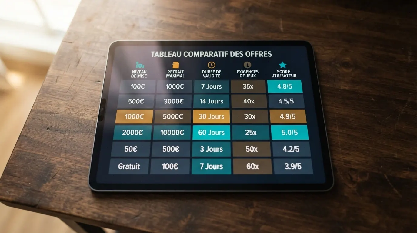 Un tableau comparatif de casinos en ligne avec des étoiles, des notes et des montants de bonus affichés en euros.