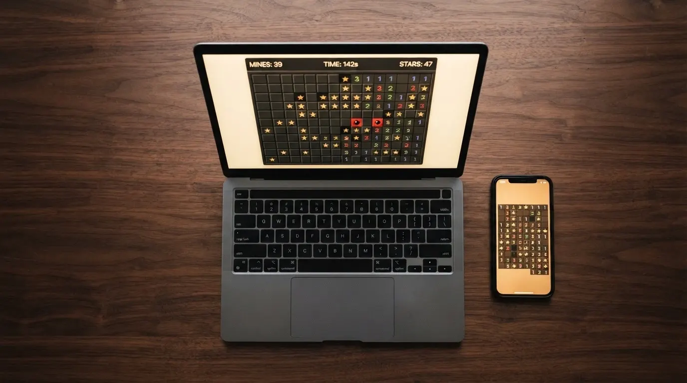 Écran partagé entre l'interface du jeu de mines et un extrait du tableau comparatif des opérateurs